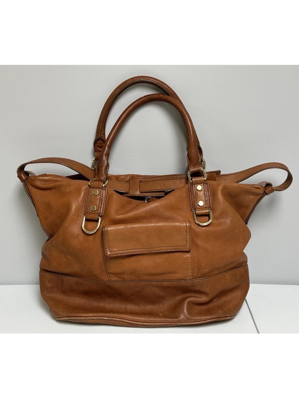 J.Crew Brown Pebbled Leather Pockets Zipper Closure Satchel Shoulder Bag